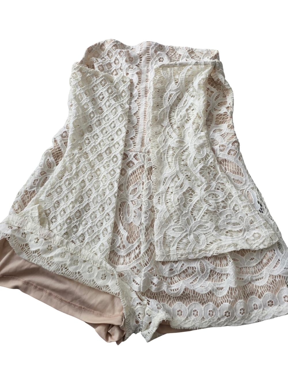 privy White Lace High-Waist Off-Shoulder Shorts Romper - Picture 3 of 9